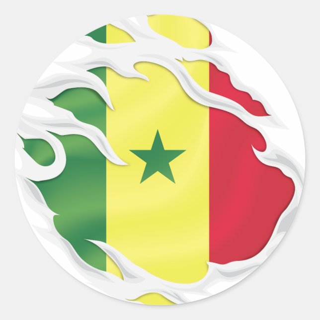 Sticker rond classique du drapeau déchiré au Sénég (Devant)