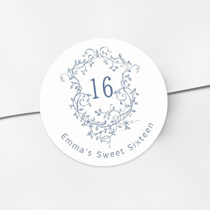 Sticker Rond Classique Français Bleu Floral Crest Sweet 16 Anni