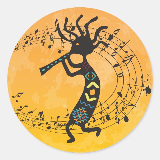 Sticker rond classique Kokopelli Lune et Musique (Devant)