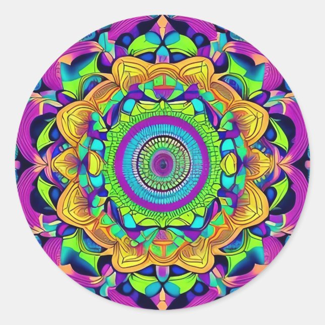 Sticker rond classique Mandala bleu et gras (Devant)