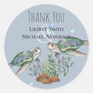 Sticker rond classique Mariage de plage de tortues