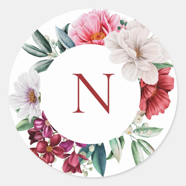 Sticker rond classique Monogram Pink Peonies (Devant)