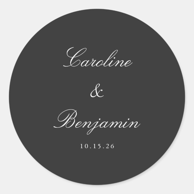 Sticker Rond Classique Noir Script élégant Mariage personnalisé (Devant)
