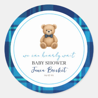 Sticker Rond Classique Ourson à Carreaux Bleus Baby Shower