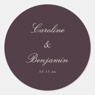 Sticker Rond Classique Plum Script Élégant Mariage Personnalisé