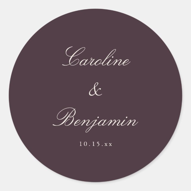 Sticker Rond Classique Plum Script Élégant Mariage Personnalisé (Devant)