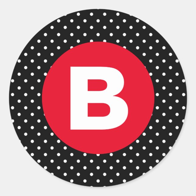 Sticker Rond Classique pois noir et blanc avec monogramme rouge (Devant)