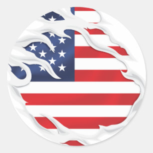 Sticker rond classique pour drapeau déchiré USA