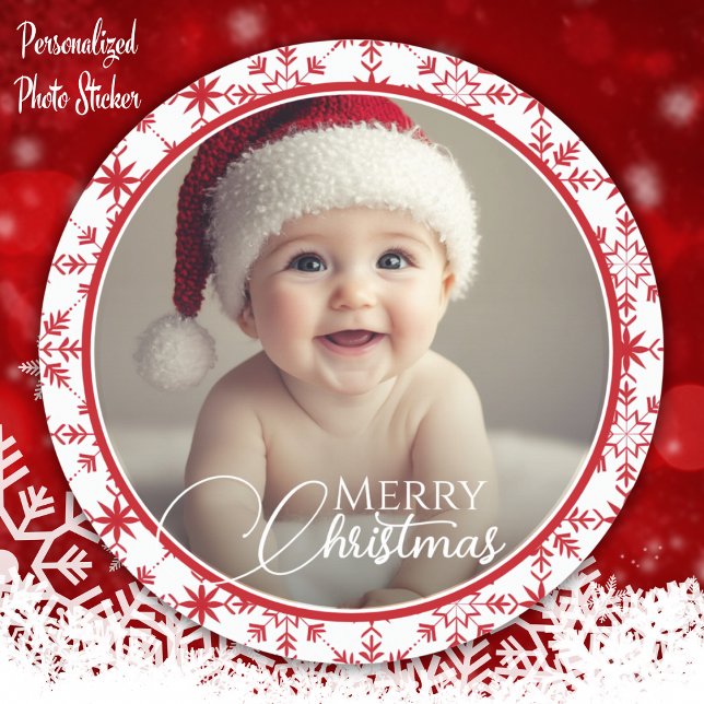 Sticker Rond Classique Rouge et blanc Joyeux Noël Photo Classi (Classic Red And White Merry Christmas Photo Classi Classic Round Sticker)