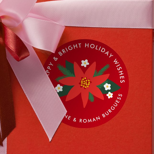Sticker Rond Classique Rouge Poinsettia cadeau de Noël (dark cherry red modern poinsettia custom text Christmas gift sticker)