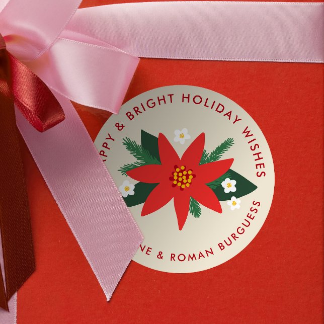 Sticker Rond Classique Rouge Poinsettia Noël Noël de vacances C (soft beige cream modern poinsettia custom text Christmas gift sticker)