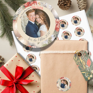 Sticker Rond Classy Circle Notre première photo de Noël Mariée