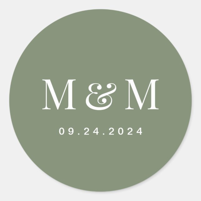 Sticker Rond Classy Deep Sage Green Monogram Typography Wedding (Devant)