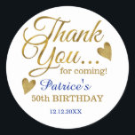 Sticker Rond Classy Gold Blue 50th Birthday Merci<br><div class="desc">50e anniversaire merci autocollants dans la classe de la typographie bleue et or.</div>