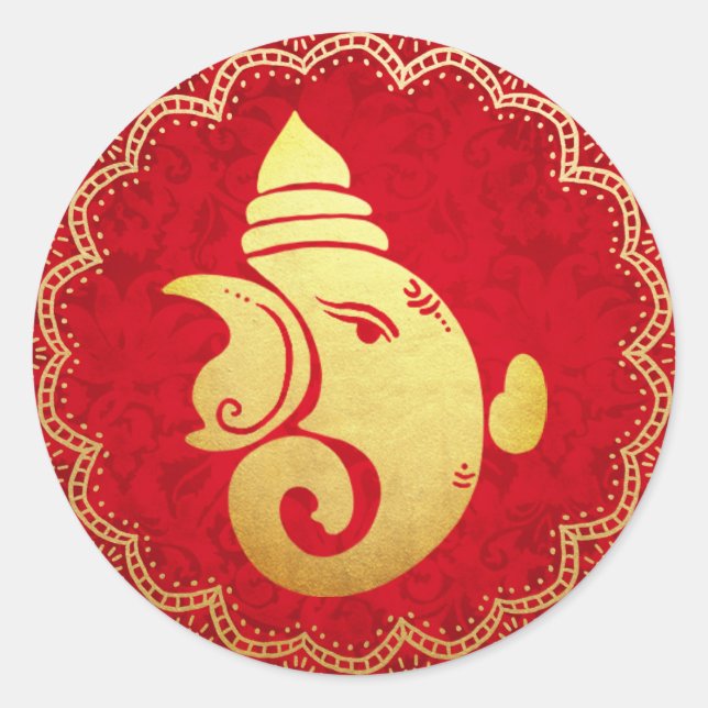 Sticker Rond Classy Gold Ganapati Dieu hindou indien Rouge  (Devant)