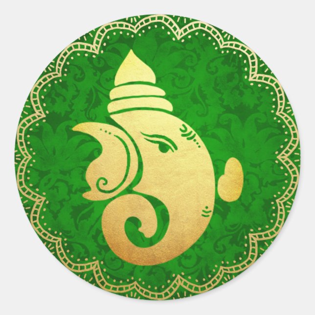 Sticker Rond Classy Gold Ganapati Dieu hindou indien Vert (Devant)