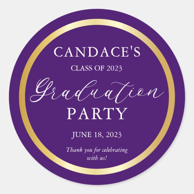 Sticker Rond Classy Gold Minimalist Graduation Party Purple (Devant)