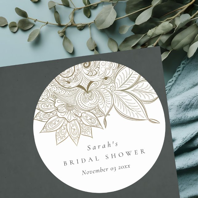 Sticker Rond Classy Ornate Paisley Fête des mariées or ivoire (Créateur téléchargé)