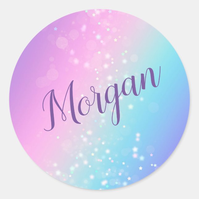 Sticker Rond Classy Purple & Blue Bokeh Star, Nom ou Monogramme (Devant)