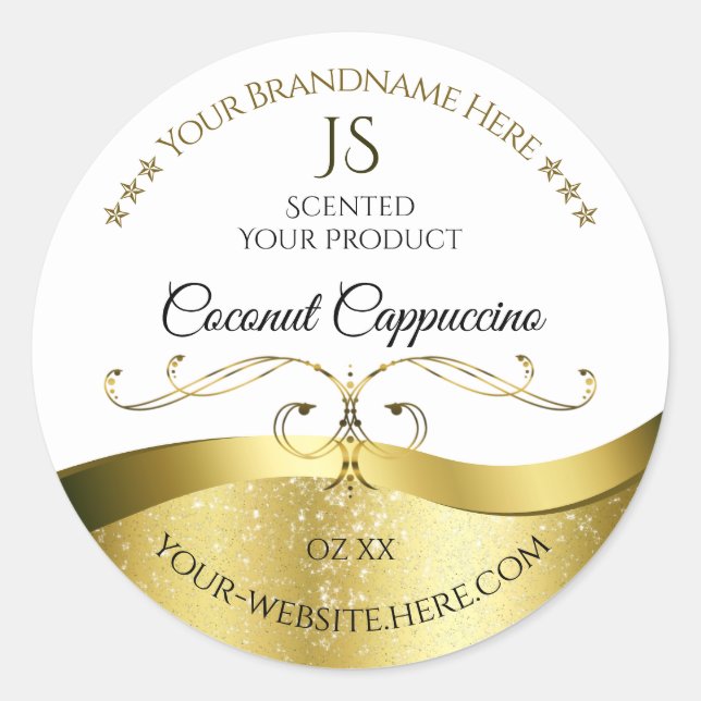 Sticker Rond Classy Wavy Gold Décor Clair Blanc Monogramme Étiq (Devant)