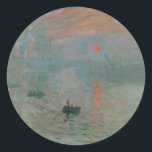 Sticker Rond Claude Monet Impression Soleil levant (soleil leva<br><div class="desc">Une oeuvre d'art classique qui est passée dans le domaine public et fait des cadeaux merveilleux et d'autres produits. "Impression, Sunrise" est l'oeuvre éponyme de l'impressionnisme. Le nom du mouvement artistique a été dérivé du titre quand les critiques l'ont déplaisamment appelé comme incarnant une tendance qu'ils désapprouvaient. Claude Monet (1840-1826)...</div>
