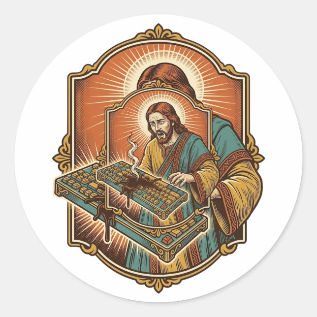Sticker Rond Clavier mécanique Jésus café renversé cassé techno (Devant)