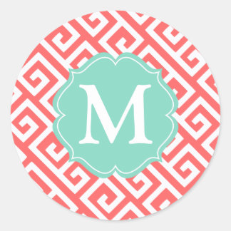 Sticker Rond Clé grecque corail élégant Personnalisée