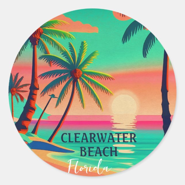 Sticker Rond Clearwater Beach Florida Tropical Palm Tree 1950 (Devant)