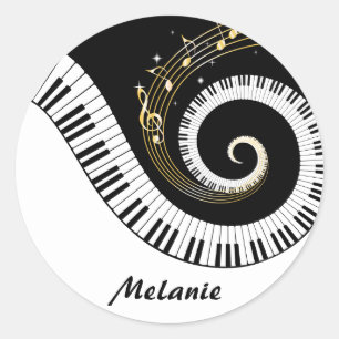 Sticker Rond Clés de piano et notes de musique d'or