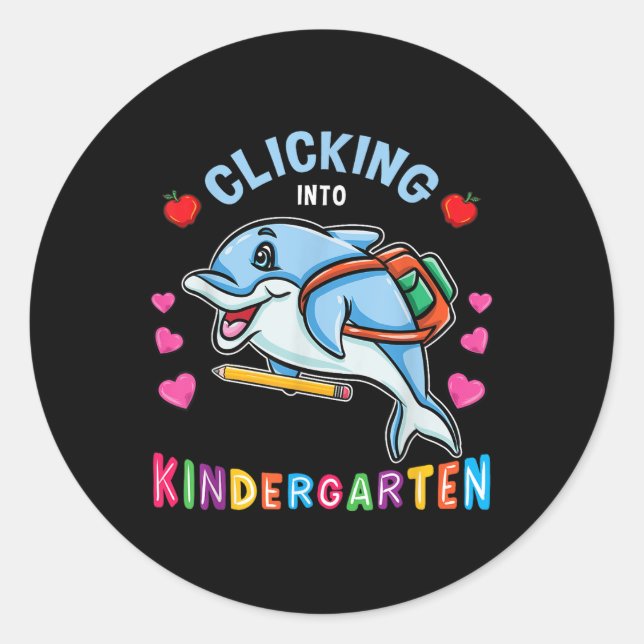 Sticker Rond Clicking Into Kindergarten Dolphin Back To School  (Devant)