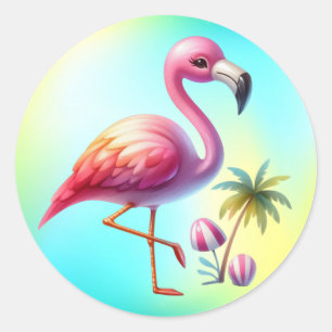 Sticker Rond Clipart de dessin Flamant rose aquarelle