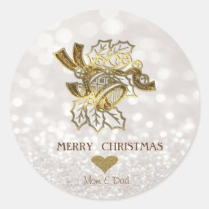 Sticker Rond Cloche de Noël Fayu or élégante, Bokeh pailletant