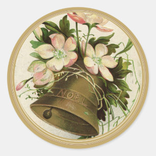 Sticker Rond Cloche de Noël Vintage (Rose Floral) Or