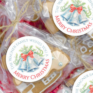 Sticker Rond Cloches en argent aquarelle arc rouge Joyeux Noël