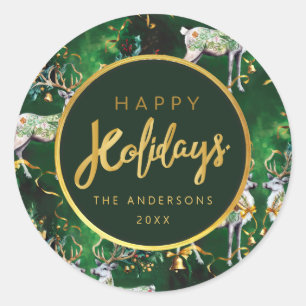 Sticker Rond Cloches et rennes d'or de Noël classiques