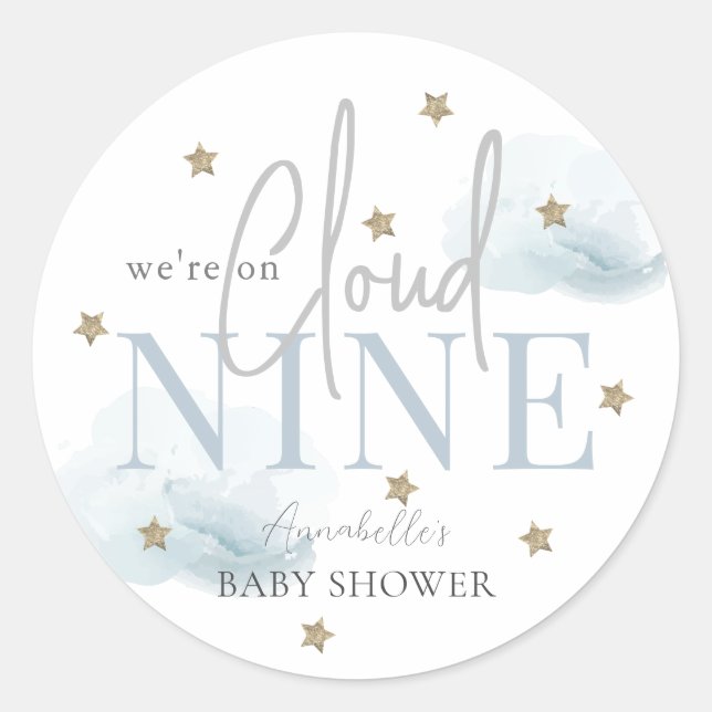 Sticker Rond Cloud 9 Gold Stars Aquarelle Boy Baby shower (Devant)