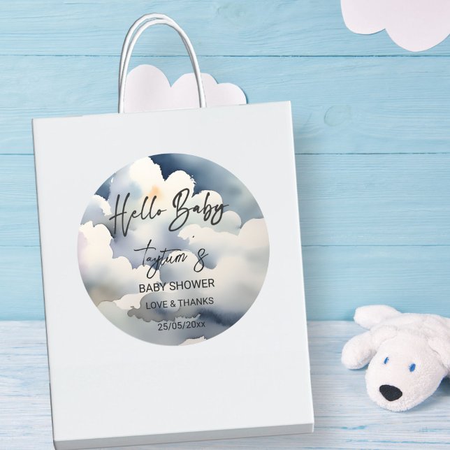Sticker Rond Cloud bonjour bébé baby shower gris nuages favoris (hello baby Cloud  baby shower grey clouds thank you favor stickers)