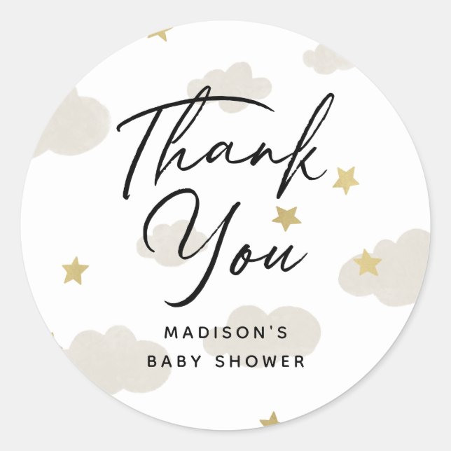 Sticker Rond Clouds Stars Baby shower Merci Or (Devant)