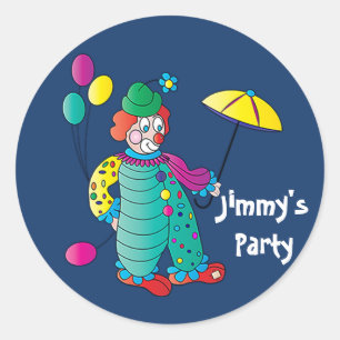 Sticker Rond Clown avec ballons et parapluies et nom Insérer