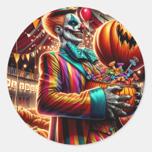 Sticker Rond Clown effrayant avec Jack O' Lantern Halloween