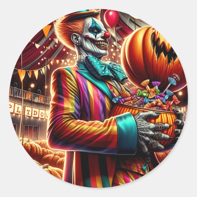 Sticker Rond Clown effrayant avec Jack O' Lantern Halloween (Devant)