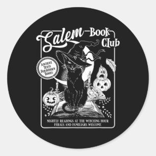 Sticker Rond Club de livre de sorcière Rétro Halloween Chat noi