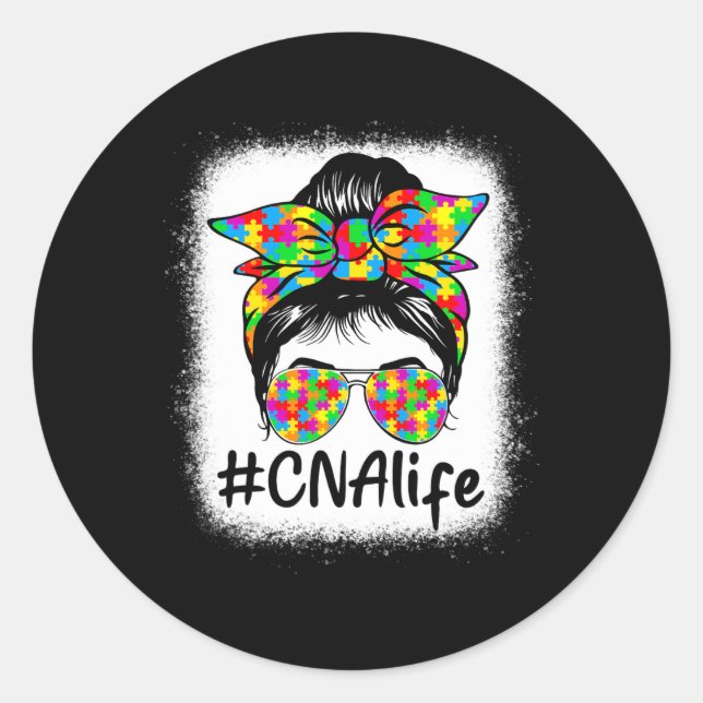 Sticker Rond Cna Certified Nursing Istant Messy Bun Autism Awar (Devant)