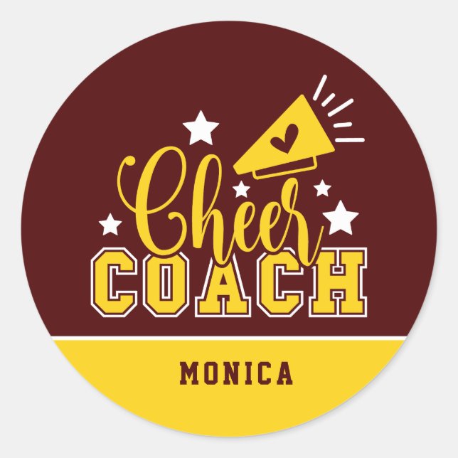 Sticker Rond Coach Cheer Cute Personnalisé Maroon & Jaune (Devant)