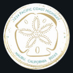 Sticker Rond Coastal Beach Sand Dollar Holiday Adresse de retou<br><div class="desc">Ajoutez de la festivité à vos envois de Noël (et tous les jours) avec des autocollants personnalisés,  thème de plage côtière or étincelant sable d'adresse 1, 5". Pour customiser,  il vous suffit d'ajouter vos coordonnées de retour.</div>