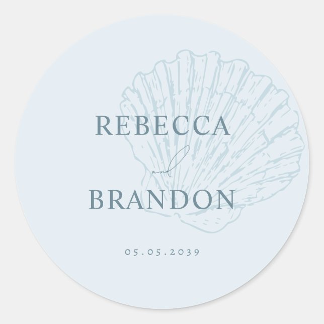 Sticker Rond Coastal Blue Hand Drawn Seashell Wedding Favor (Devant)
