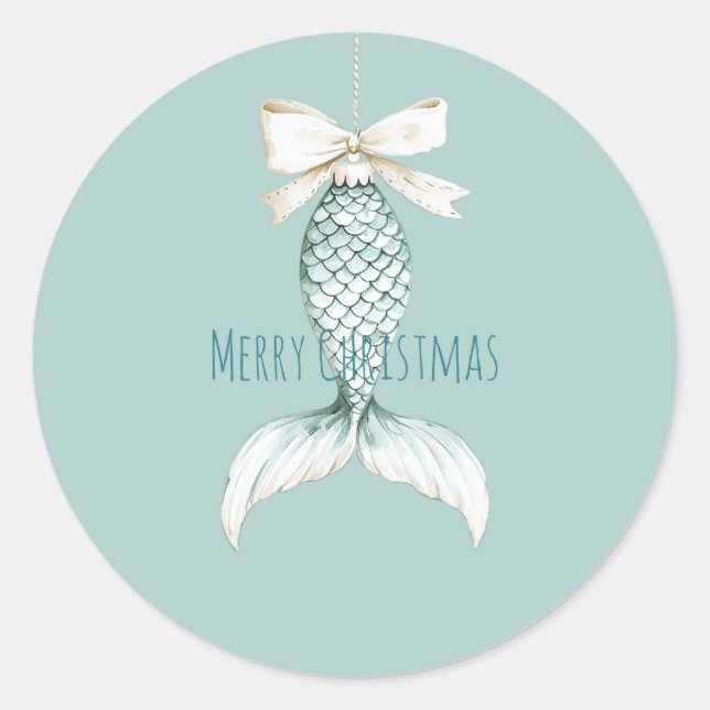 Sticker Rond Coastal Christmas Mermaid Bow Blue Beach Ocean   (Devant)