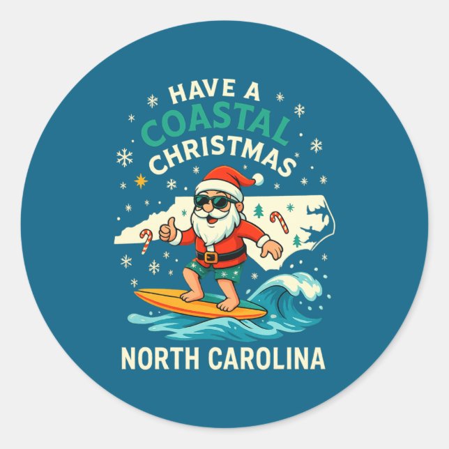 Sticker Rond Coastal Christmas Nc Shirt Santa Surfing Funny Wav (Devant)