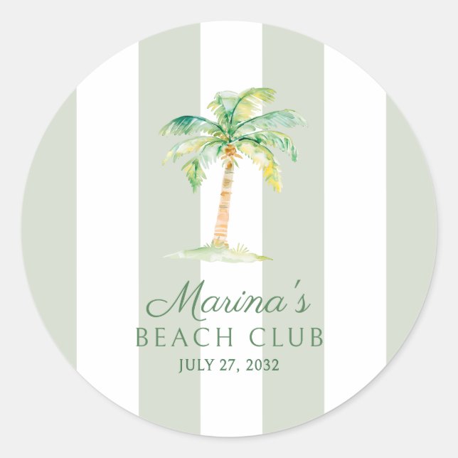 Sticker Rond Coastal Green Cabana Stripes Palm Beach Club (Devant)