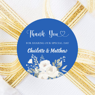 Sticker Rond Cobalt bleu blanc fleurons coeur merci mariage